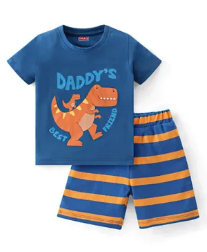 Babyhug Cotton Knit Half Sleeves Night Suit With Dino Print - Blue