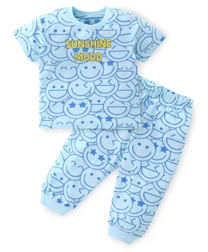 Babyhug Single Jersey Cotton Knit Half Sleeves Night Suit With Happy Face Print - Blue