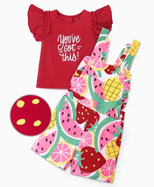Ollington St.100% Cotton Dungaree & Frill Sleeves Top with Text & Fruit Print - Pink & Red