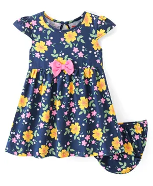 Babyhug 100% Cotton Single Jersey Knit Cap Sleeves Frocks With Bloomer Floral Print - Navy Blue & Yellow