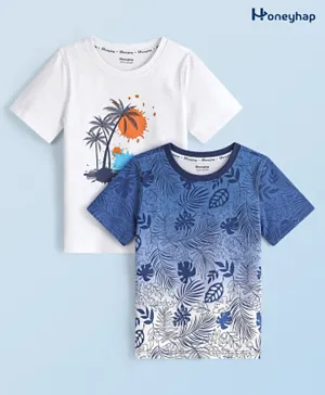 Honeyhap Premium 100% Cotton Single Jersey Half Sleeves Tropical Printed T-Shirts with Bio Finish Pack of 2 - Bright White & Navy Peony