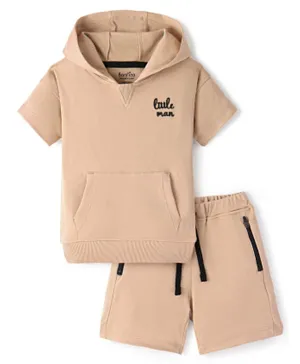 Bonfino 100% Cotton Hooded Half Sleeves T-Shirt & Shorts Sets With Text & Teddy Print - Beige