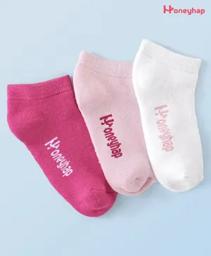 Honeyhap Premium Cotton Bamboo Knit Ankle Length Socks with Bio Finish Text Design Pack of 3 - Pink & White