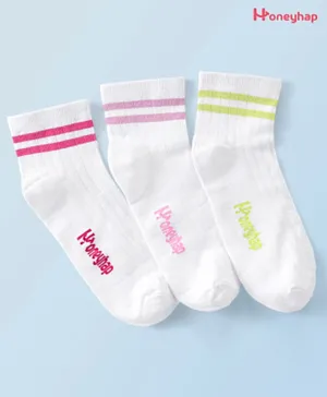Honeyhap Premium Cotton Bamboo Ankle Length Bio Finish Striped Socks With Text Design Pack of 3 - Bright White