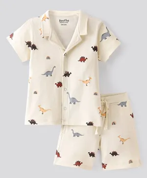 Bonfino Cotton Knit Half Sleeves Shirt & Shorts Set Dino Print - Off White