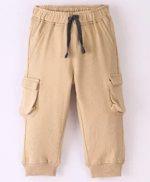 Bonfino Cotton Knit Full Length Solid Jogger Style Lounge Pant with Cargo Pockets - Brown