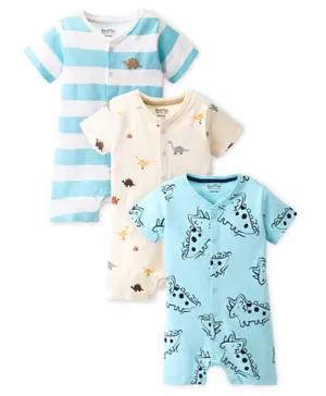 Bonfino 3-Pack 100% Cotton Striped & All Over Dino Printed Short Sleeves Front Open Rompers - Blue/Off White/White