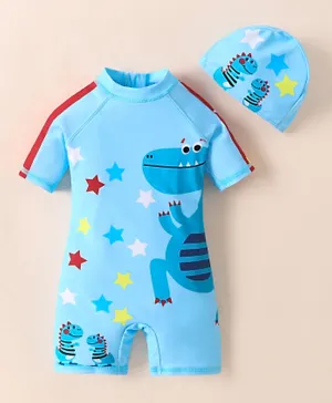 SAPS Dino Placement Print Legged Swimsuit And Cap - Blue