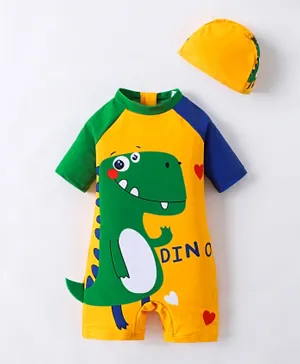 SAPS Dino Placement Print Legged Swimsuit And Cap - Yellow