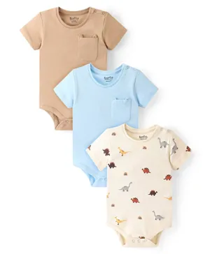 Bonfino Cotton Knit Half Sleeves Solid Onesie Dino Print Pack of 3 - Brown Blue & Off White