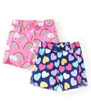Babyhug Single Jersey Mid Thigh Shorts Rainbow & Hearts Print with Bow Applique Pack of 2 - Multicolor
