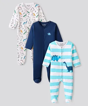 Bonfino 100% Cotton Full Sleeves Sleep Suits With Stripes & Dinosaur Print Pack Of 3 - Blue & White
