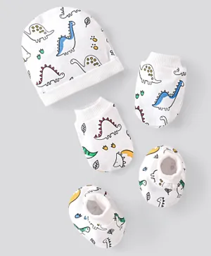 Bonfino Cotton Knit  Cap Mittens & Booties Set Dino Print White - Diameter 10 cm