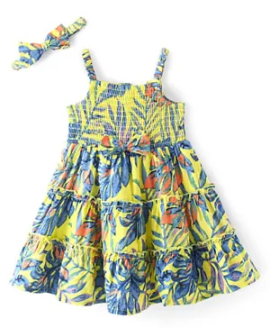 Babyhug 100% Viscose Woven Sleeveless Frock with Head Band Leaf Print - Multicolor