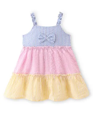 Babyhug Rayon Woven Sleeveless Frock With Bow Applique - Blue Pink & Yellow