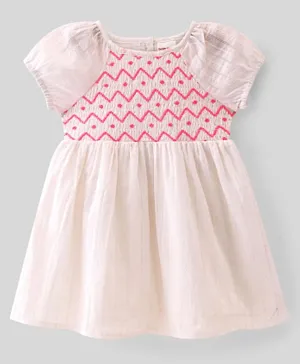 Babyhug 100% Cotton Knit Half Sleeves Frock With Shapes Print - White & Pink