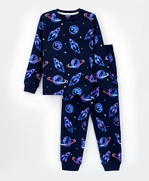 Primo Gino 100% Cotton Knit Full Sleeves Night Suit With Space Theme Print - Blue
