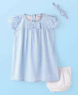 Babyhug Woven Half Sleeves Striped Frock with Bloomer and Head Band - Blue