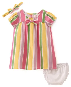 Babyhug Woven Half Sleeves Striped Frock with Bloomer and Head Band - Mulicolour