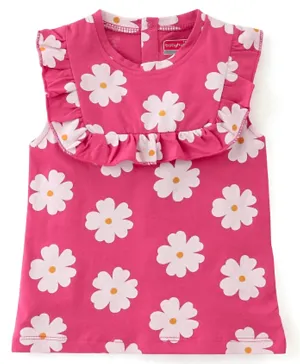 Babyhug 100% Cotton Knit  Sleeveless Top with Frill Detailing & Floral  Print - Dark Pink
