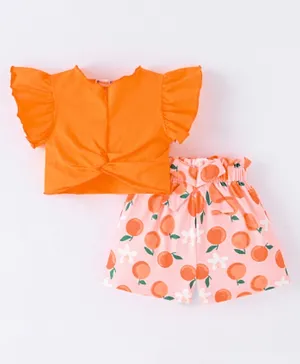 SAPS Orange Print Flutter Sleeves Top & Shorts Set - Orange