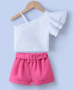 SAPS Flutter Sleeves Top & Attached Belt Detail Shorts - White & Pink