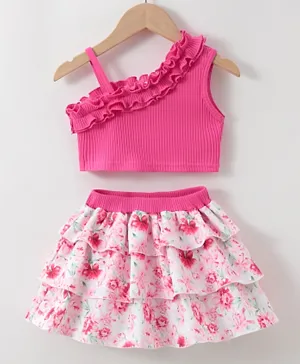 SAPS Ruffled Top and Floral Printed Skirt - Pink