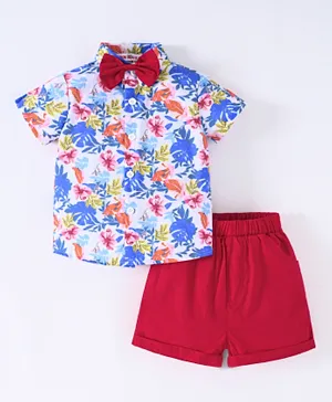 SAPS Flower & Leaves Printed Bow Detail Shirt with Shorts Set - Blue & Red