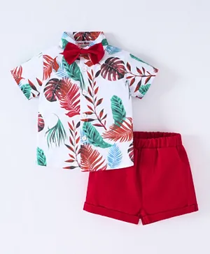 SAPS Leaves Printed Bow Detail Shirt with Shorts Set - White & Red