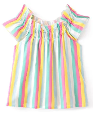 Babyhug 100% Rayon Woven Striped Half Sleeves  Top with Smocking & Frill Detailing - Multicolour