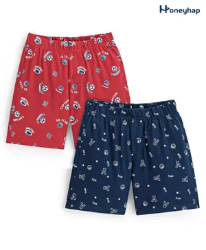 Honeyhap Premium 100% Cotton Knit Boxers with Football & Alphabet Print Pack of 2 - Navy Peony & Salsa Red