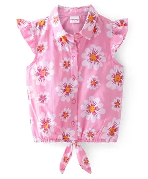Babyhug Rayon Woven Frill Sleeves Shirt With Knot & Floral Print - Pink
