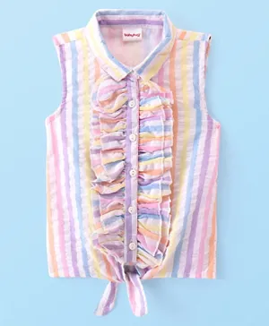 Babyhug Woven Sleeveless Front Open Striped Top with Knot and Frill Detailing - Multi Color