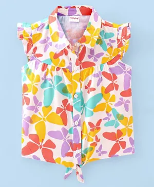 Babyhug Rayon Woven Frill Sleeves Front Open Top with Knot Detailing Butterfly Print - Multicolor