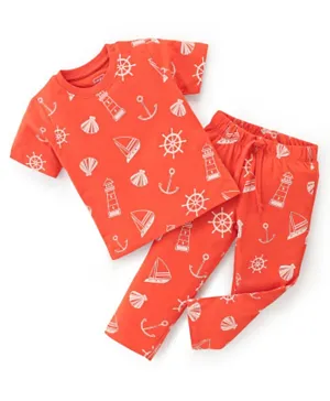 Babyhug Cotton Knit Single Jersey Half Sleeves Night Suit/Co-ord Set With Anchor Print - Red