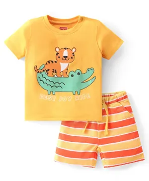 Babyhug Cotton Knit Single Jersey Half Sleeves Night Suit With Tiger & Crocodile Print - Yellow & Orange