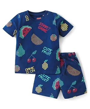 Babyhug Single Jersey Knit Half Sleeves Night Suit/Co-ord Set with Fruits Print - Navy Blue
