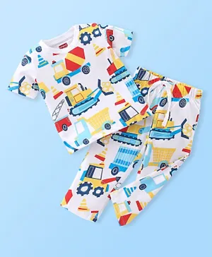 Babyhug Single Jersey Cotton Knit Half Sleeves Night Suit With Construction Vehicle Print - White