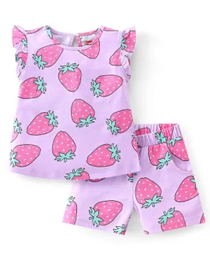 Babyhug Cotton Knit Sleeveless Night Suit With Strawberry Print - Purple