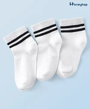 Honeyhap Premium Cotton Bamboo Knit Ankle Length Striped Socks With Bio Finish Pack of 3 - White