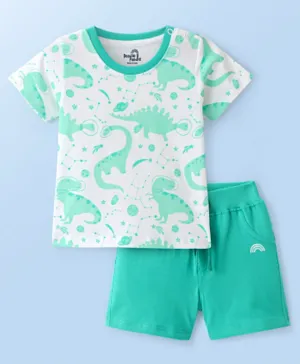 Doodle Poodle 100% Cotton Knit Half Sleeves T-Shirt with Shorts Set Dino Print - Green & White