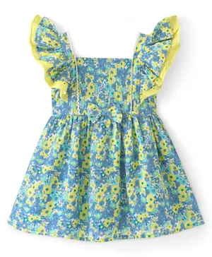 Babyhug Rayon Woven Frill Sleeves Bow Applique Frock with Floral Print - Blue