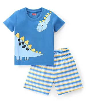 Babyhug Single Jersey Knit Half Sleeves Night Suit Stripes & Dino Print - Blue
