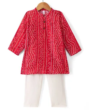 Babyhug 100% Cotton Woven Full Sleeves Bandhani Printed Kurta Pajama Set - Red