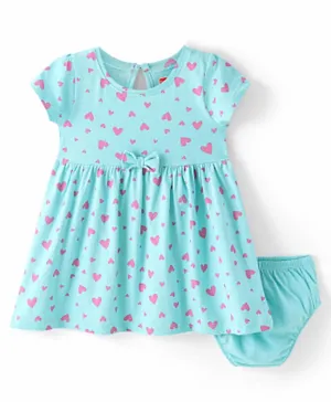 Babyhug Single Jersey Knit Half Sleeves Heart Print Bow Detailed Frock with Bloomer - Blue