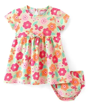 Babyhug Cotton Jersey Knit Half Sleeves Frock with Bloomer Floral Print & Bow Applique- Multicolour