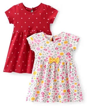 Babyhug 100% Cotton Single Jersey Knit Half Sleeves Frock Floral Print Pack Of 2 - Pink & Red