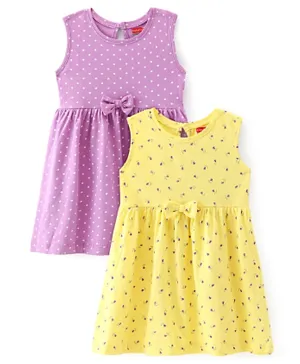 Babyhug 100% Cotton Single Jersey Knit Sleeveless Frock Floral Print Pack Of 2 - Purple & Yellow