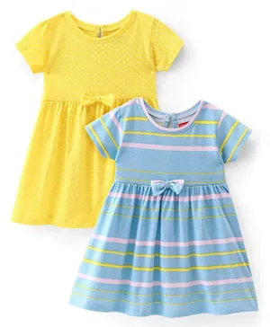 Babyhug Cotton Knit Half Sleeves Solid & Striped Frocks Pack of 2 - Yellow & Blue