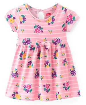 Babyhug Single Jersey Knit Half Sleeves Frock with Bow Applique & Floral Print - Pink